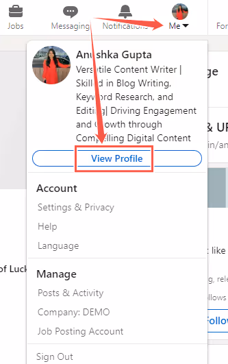'Me' and 'View Profile' option on LinkedIn profile