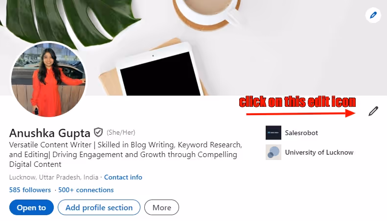 Edit icon on personal profile LinkedIn