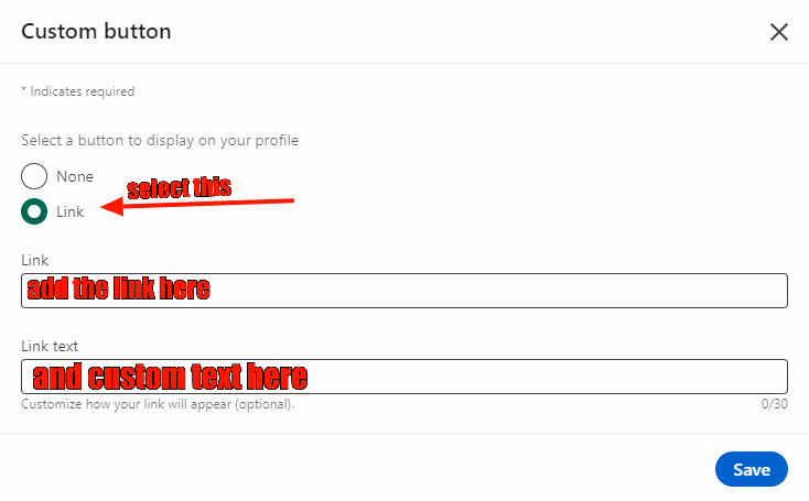 options to add custom button on LinkedIn profile