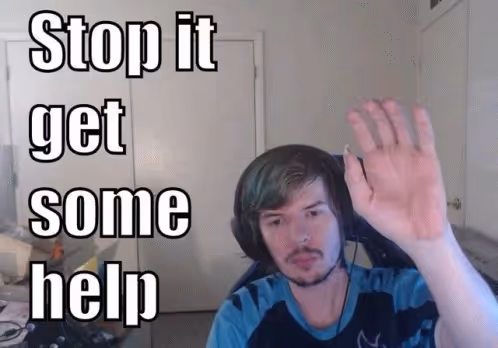 Man sitting on chair, showing hand saying 'Stop it get some help.'