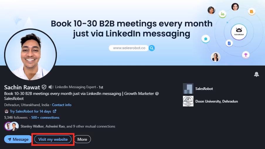 Customized 'View my website' CTA on LinkedIn profile