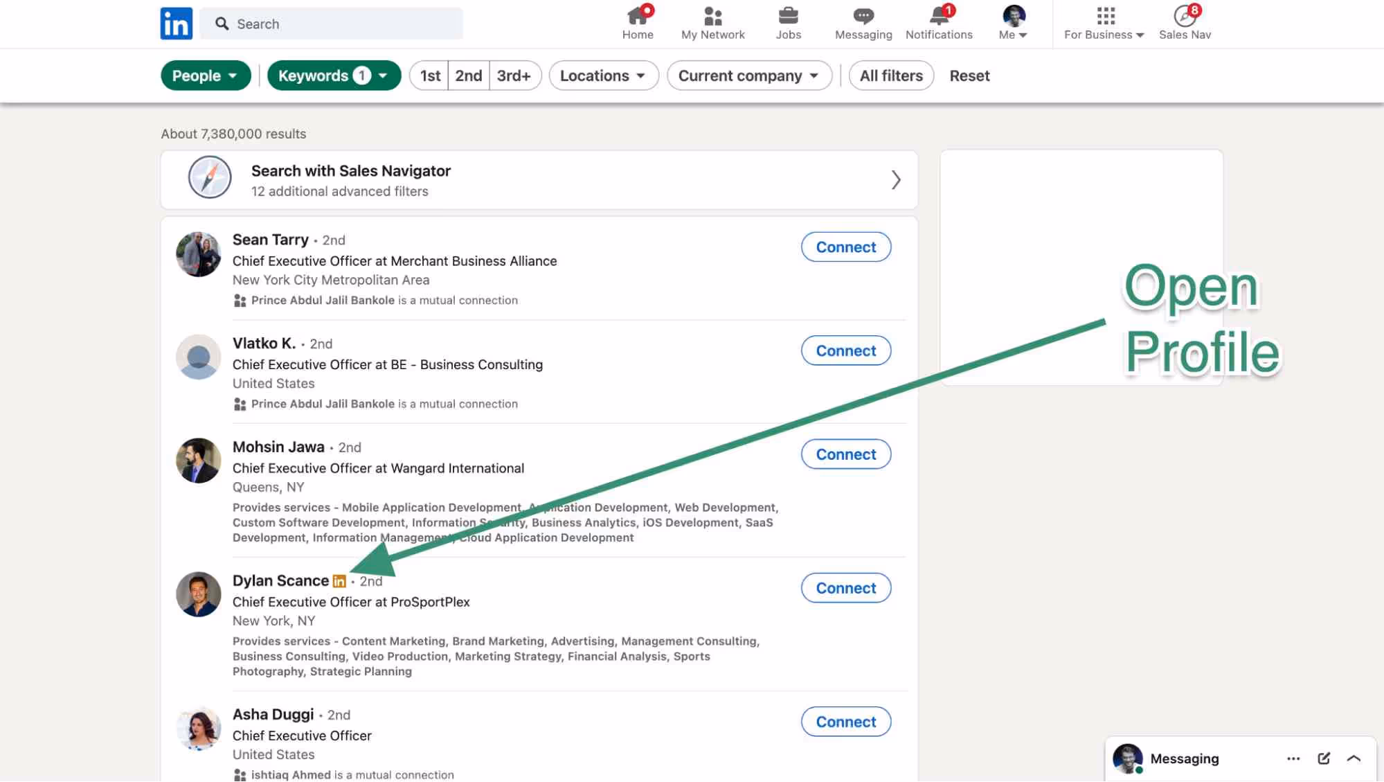 Open profile in LinkedIn search results