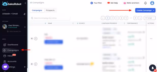 SalesRobot interface with "Campaigns" highlighted and "Create Campaign" button.