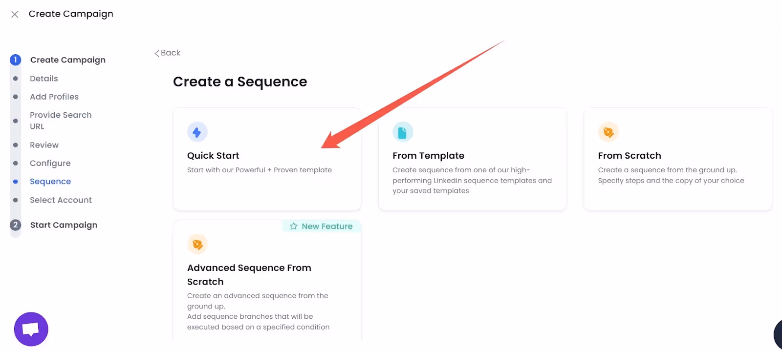SalesRobot create sequence page with "Quick Start" highlighted
