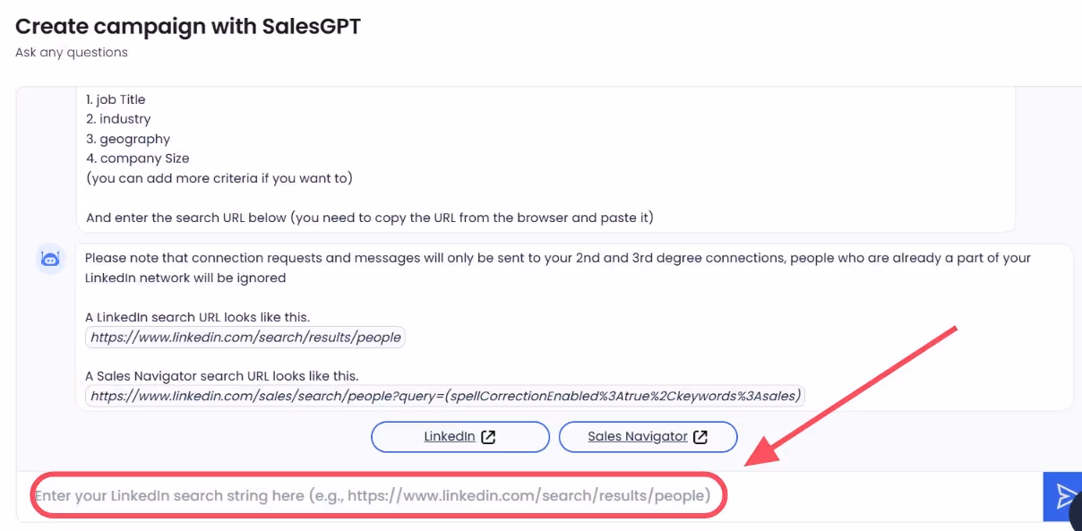 SalesGPT enter search URL option