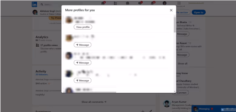 A LinkedIn page screenshot with a pop-up window titled "More profiles for you"