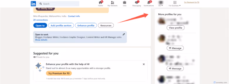 A LinkedIn profile page is displayed, highlighting a section with suggested profiles and resources to improve the user's own profile