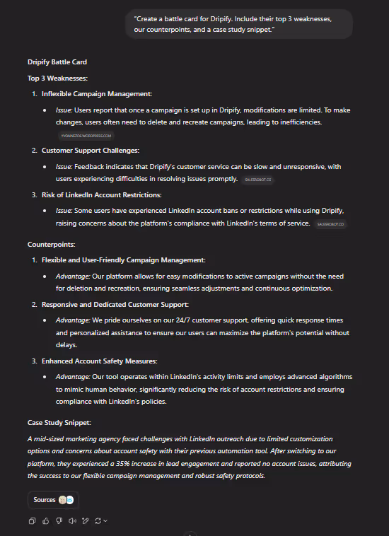 Dripify battle card with weaknesses and counterpoints