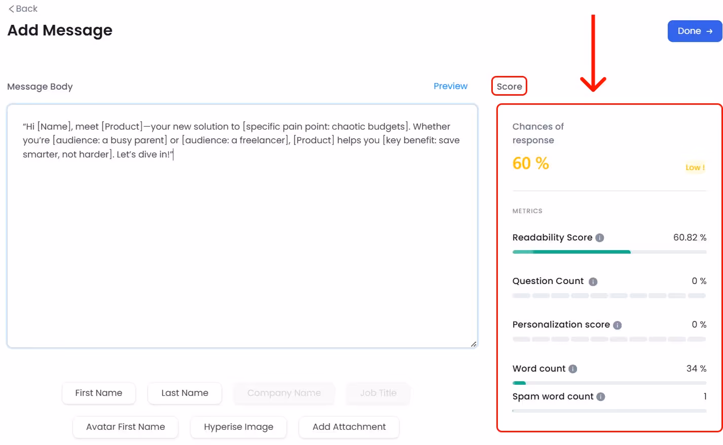 The score section of the add message screen, where you can preview the AI analysis of your message's effectiveness.