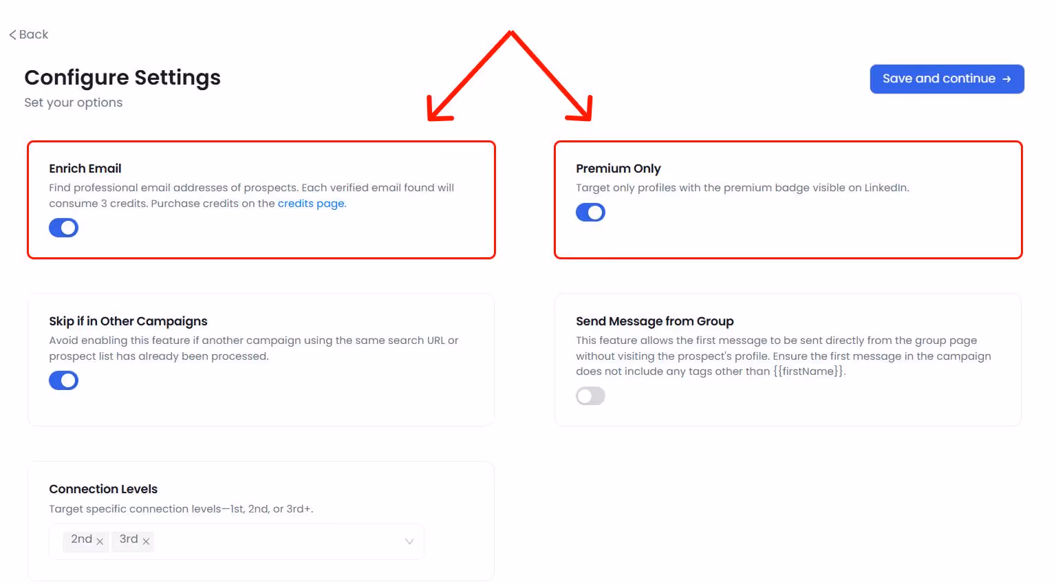 Configuration settings for enriching emails and premium-only targeting.