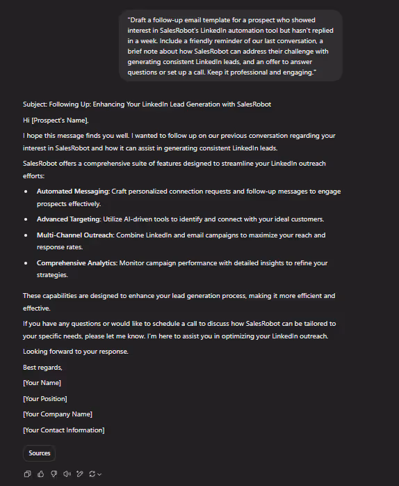 Follow up email template for a prospect in SalesRobot's LinkedIn automation tool
