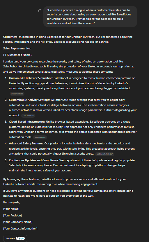 Example of a practice dialogue where a customer hesitates about SalesRobot