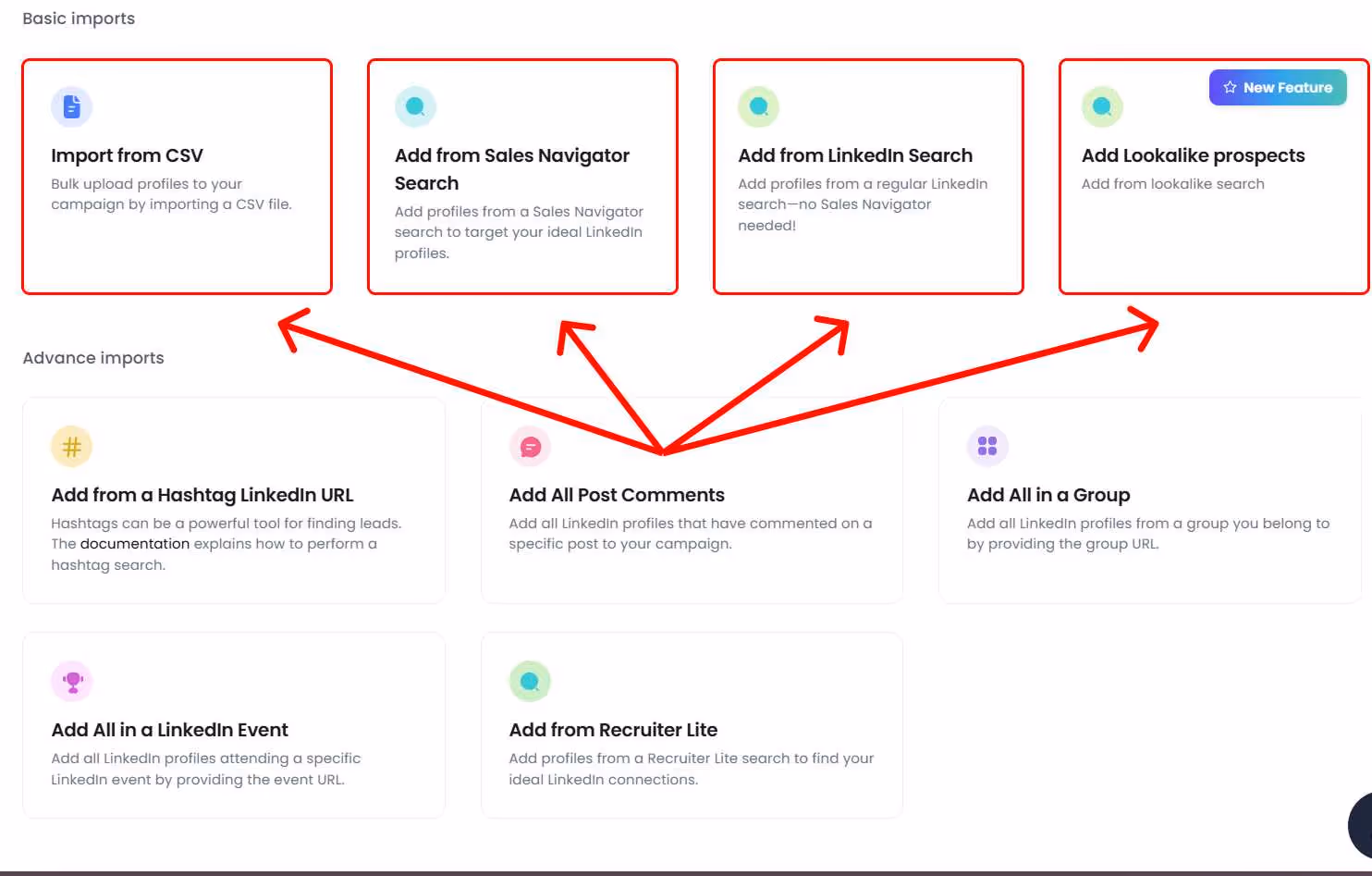 Options to import prospects from various sources on SalesRobot