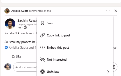 A screenshot of a LinkedIn post with the options 'Save', 'Copy link to post', 'Embed this post', 'Not interested', and 'Unfollow' displayed.
