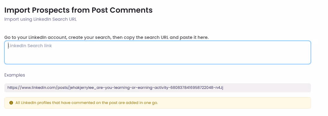 Screenshot of a form to import prospects from post comments, with a field for a LinkedIn Search link.