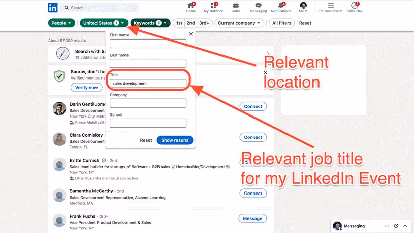 A screenshot of a LinkedIn search interface with arrows indicating relevant location and job title search fields.