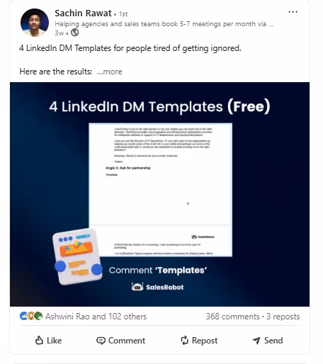 A LinkedIn post with a visual for 4 LinkedIn DM Templates (Free).