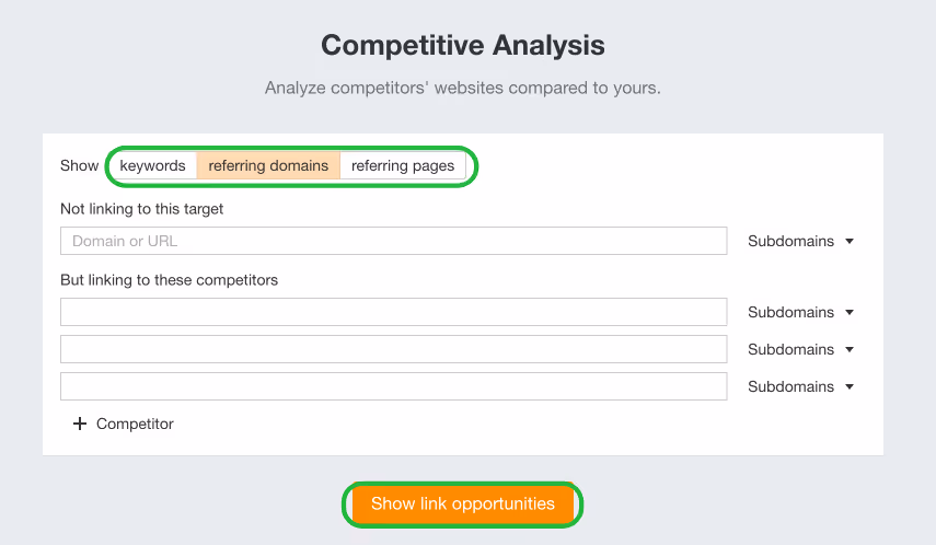 Competitive analysis tool interface.