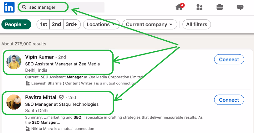 LinkedIn search results for SEO Manager.