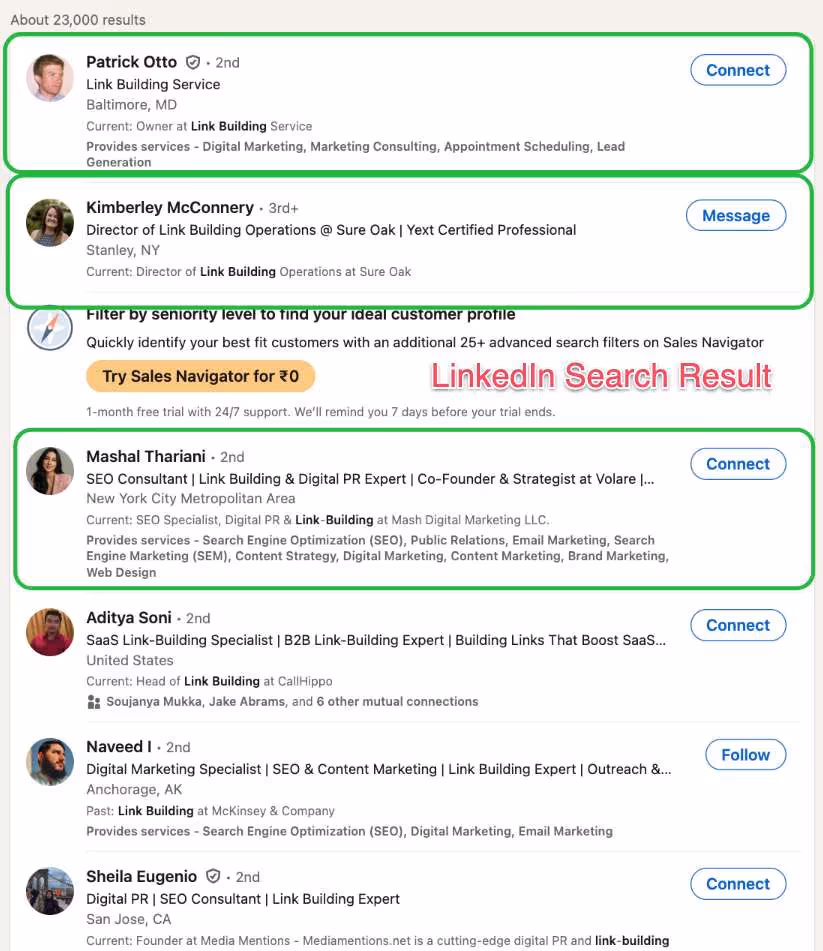 A LinkedIn search result page showing various profiles with the keywords 'Link Building'.