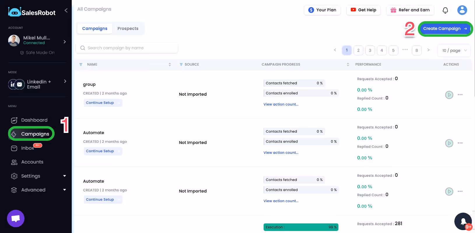 SalesRobot's campaign dashboard.