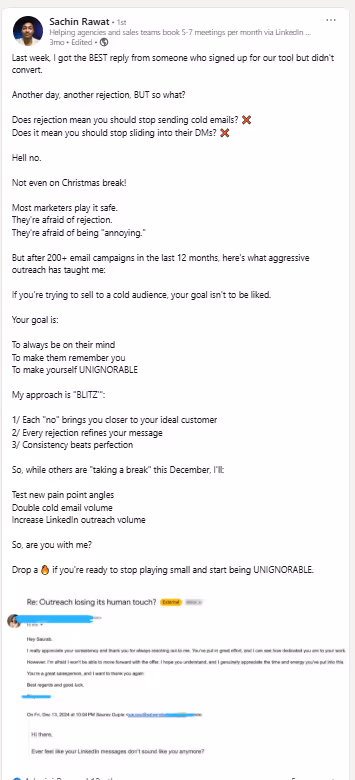 LinkedIn post discussing the importance of aggressive outreach.