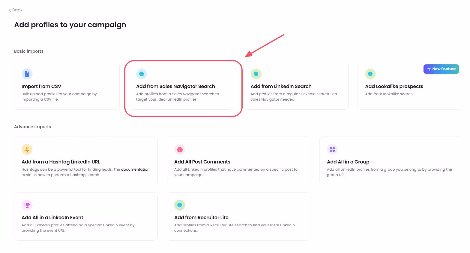 Screenshot of a dashboard with several options for adding profiles to a campaign, with an arrow pointing to the 'Add from Sales Navigator Search' option.