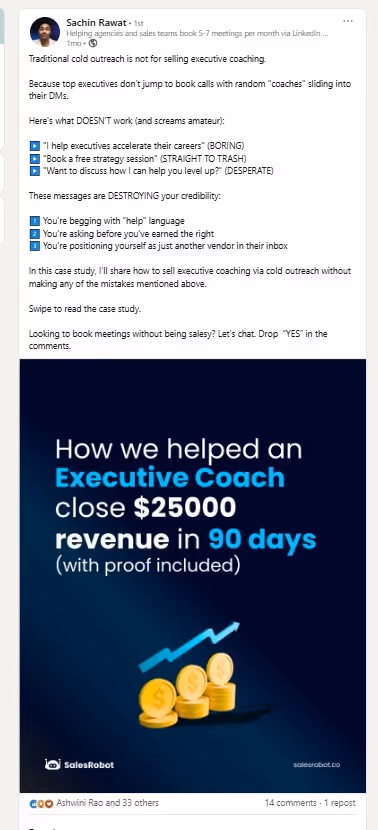 LinkedIn post discussing how to sell executive coaching via cold outreach.