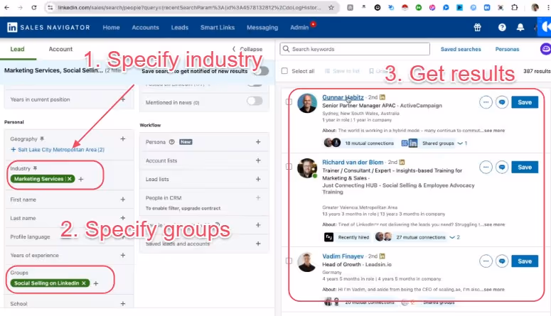 A screenshot of a Sales Navigator search interface, indicating how to specify industry and groups to get results.