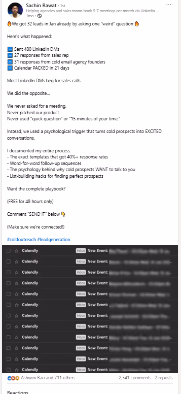 LinkedIn post discussing lead generation strategy with calendar screenshots.