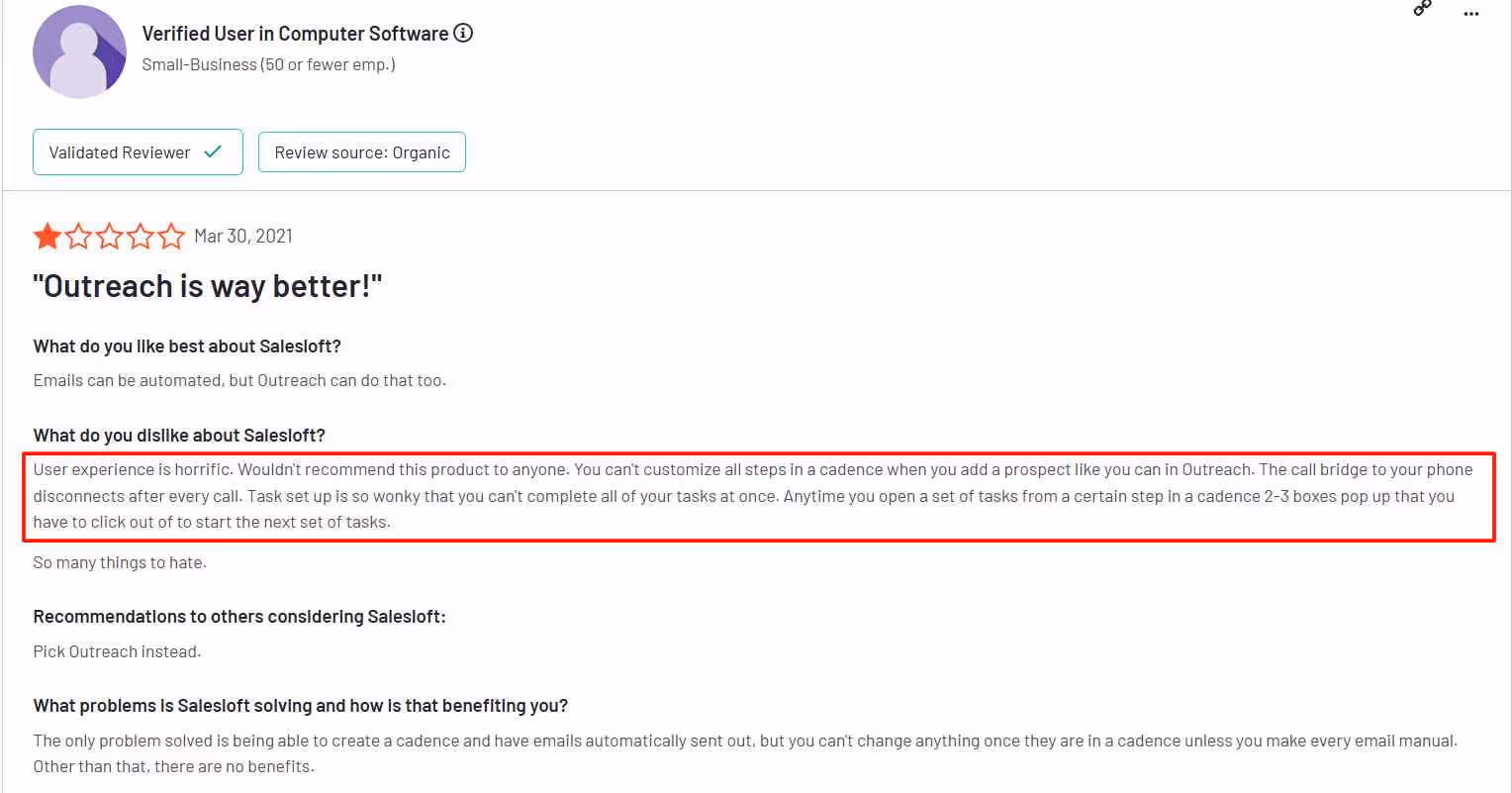 Negative user review of Salesloft saying the UI is bad 