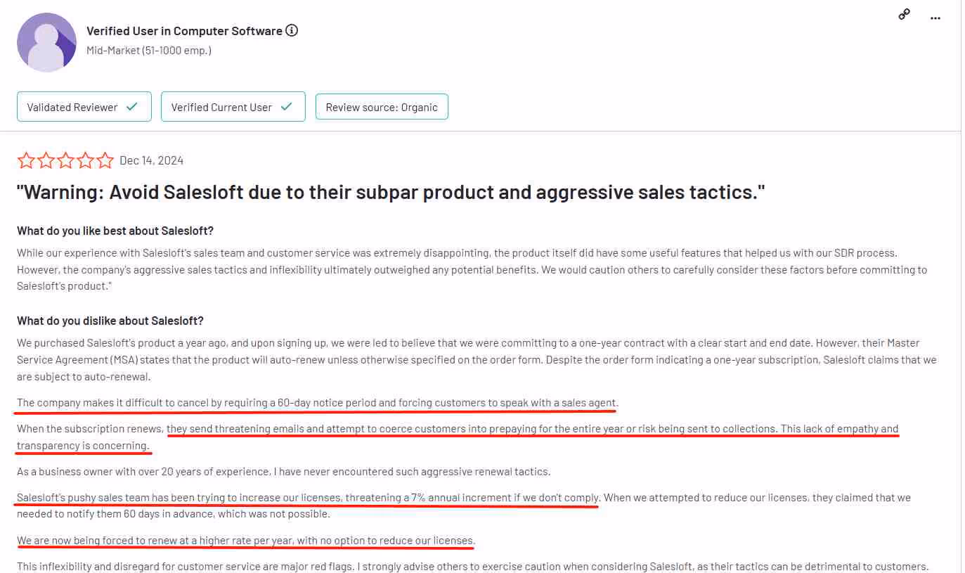 Negative user review of Salesloft saying they platform has shady billing practices and pushy sales tatics