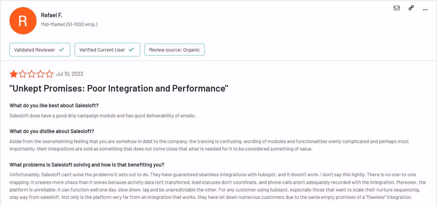 Negative user review of Salesloft saying the integrations don't work as advertised 