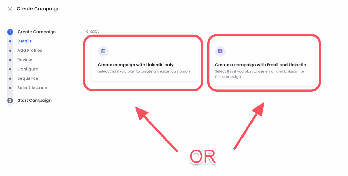 Options to choose only LinkedIn or LinkedIn and email.