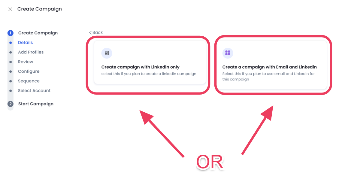 Options to choose only LinkedIn or LinkedIn and email.