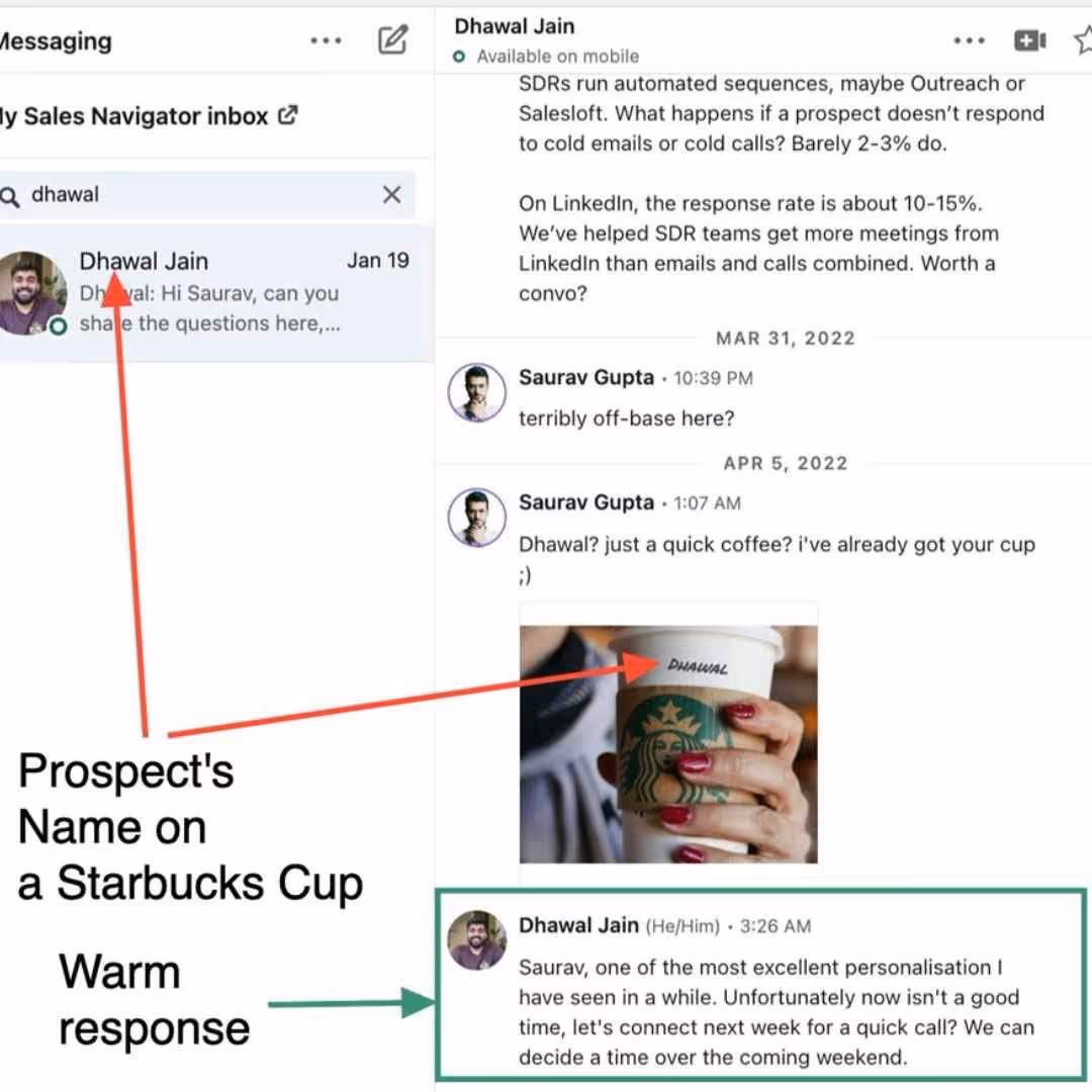Personalized message to prospect with name on a Starbucks cup.