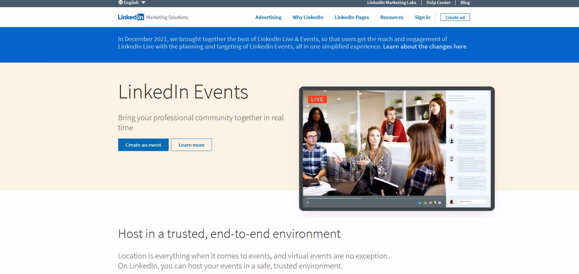 LinkedIn Events page with promotional image.