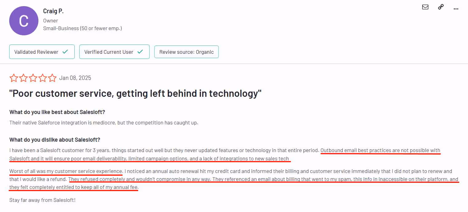 Negative user review of Salesloft saying the email deliverability is bad and customer support is unresponsive 