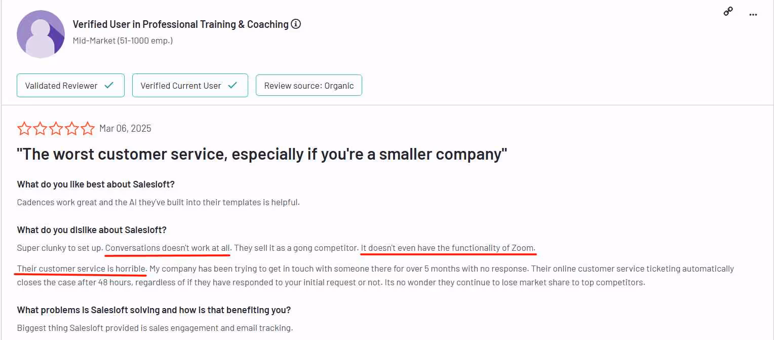 Negative user review of Saesloft saying the Conversations feature doesn't work and doesn't have Zoom functionality 
