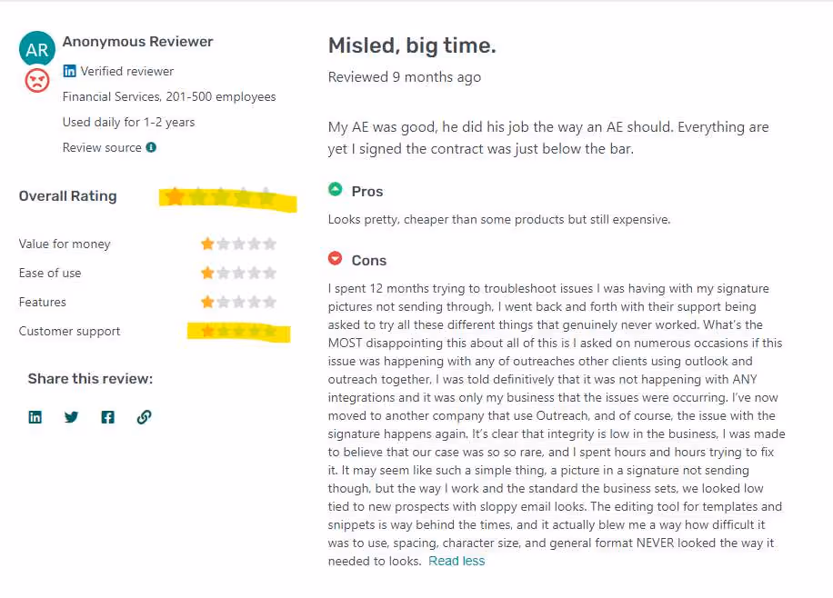 Negative user review of Outreach.io saying the product doesn't function as advertised 