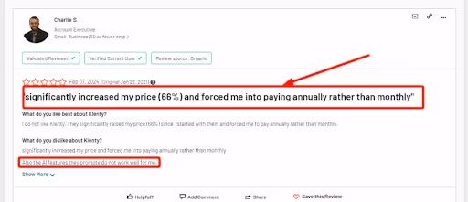 Negative user review of Klenty saying they increased their subscription cost with no notice 