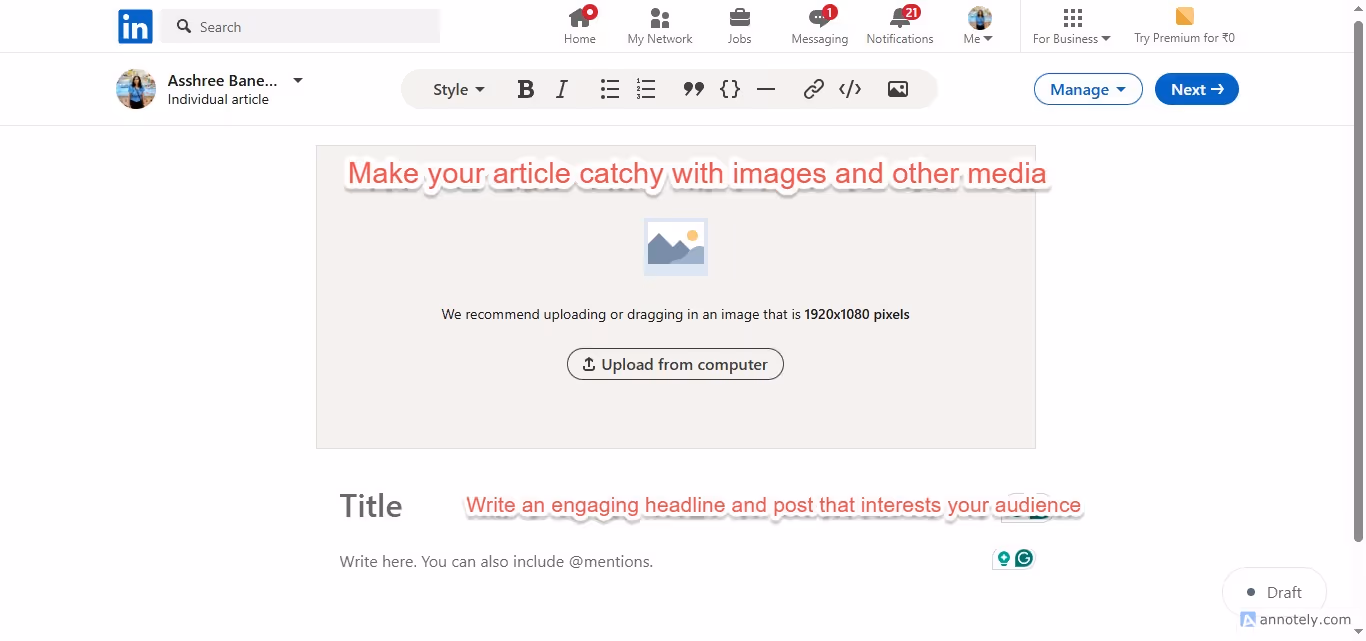 image and title in linkedin publishing tool