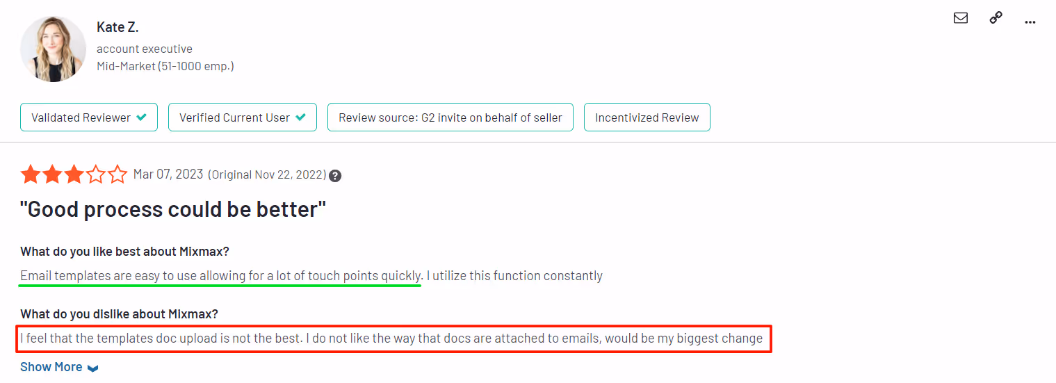 Negative user review of MixMax saying the email attachments and links are broken 