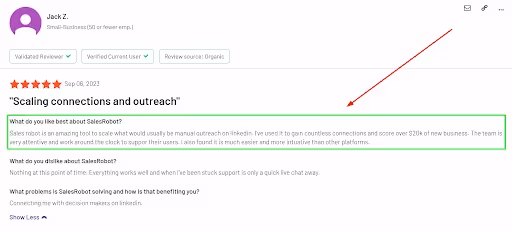 Positive user review of SalesRobot saying their business got new revenue from the platform 