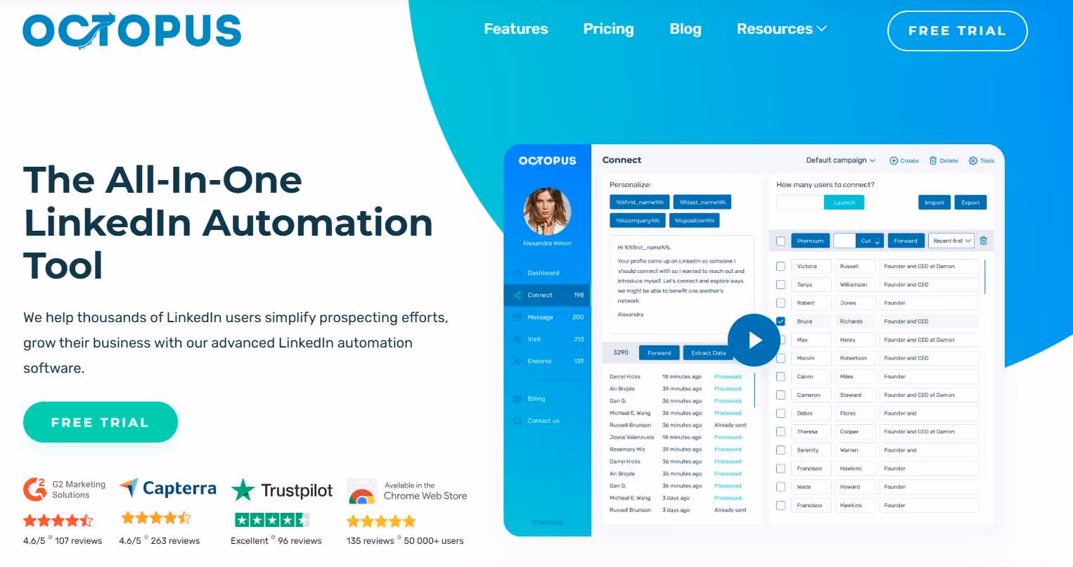 Octopus LinkedIn automation tool interface.