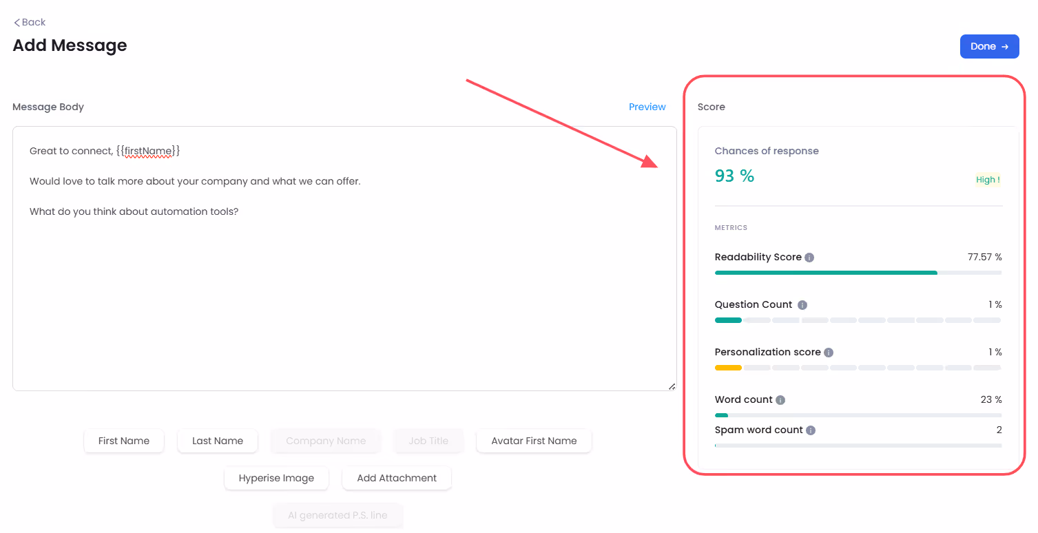 Screenshot of a message editor showing a high chance of response rate.