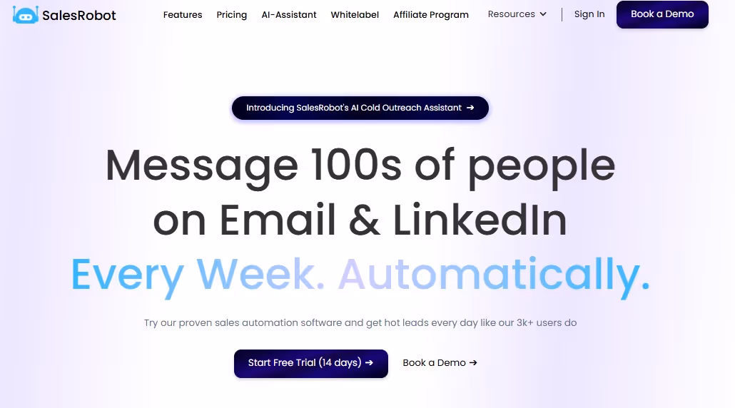 SalesRobot webpage advertising its AI Cold Outreach Assistant for email and LinkedIn.