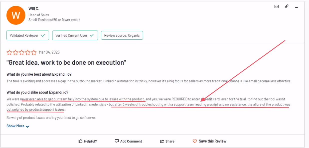 Expandi.io review highlighting product issues and support problems.