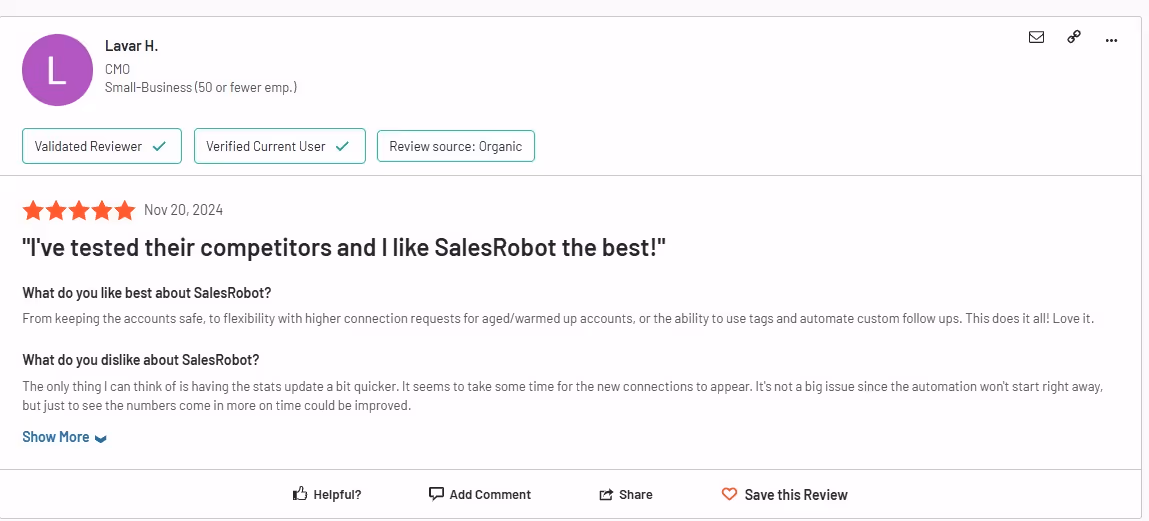 SalesRobot review praising the product over competitors.