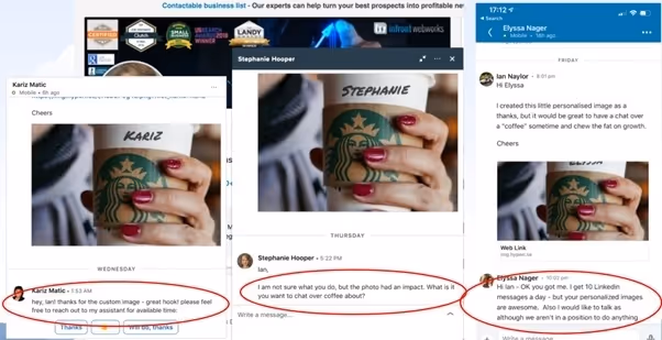Screenshots of LinkedIn messages with customized images